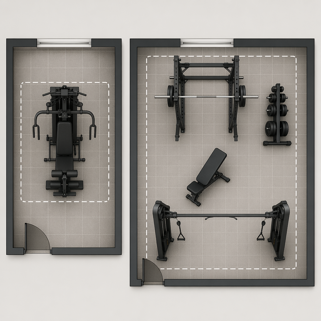 Top-down floor plan comparing a compact 40-square-foot all-in-one gym footprint with a larger 60-plus-square-foot separate equipment layout
