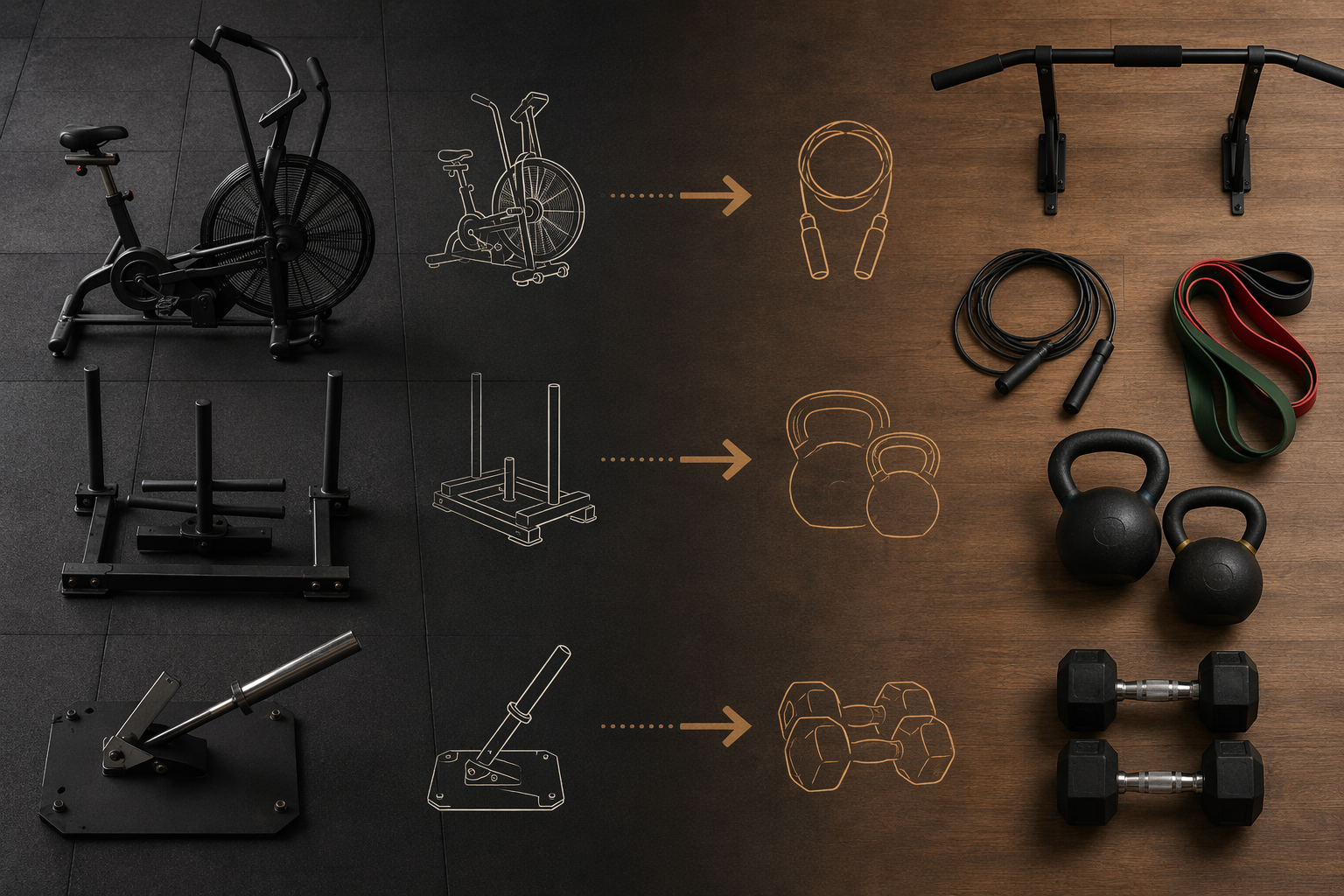 Professional gym equipment transitioning into home fitness equipment for workout substitutions
