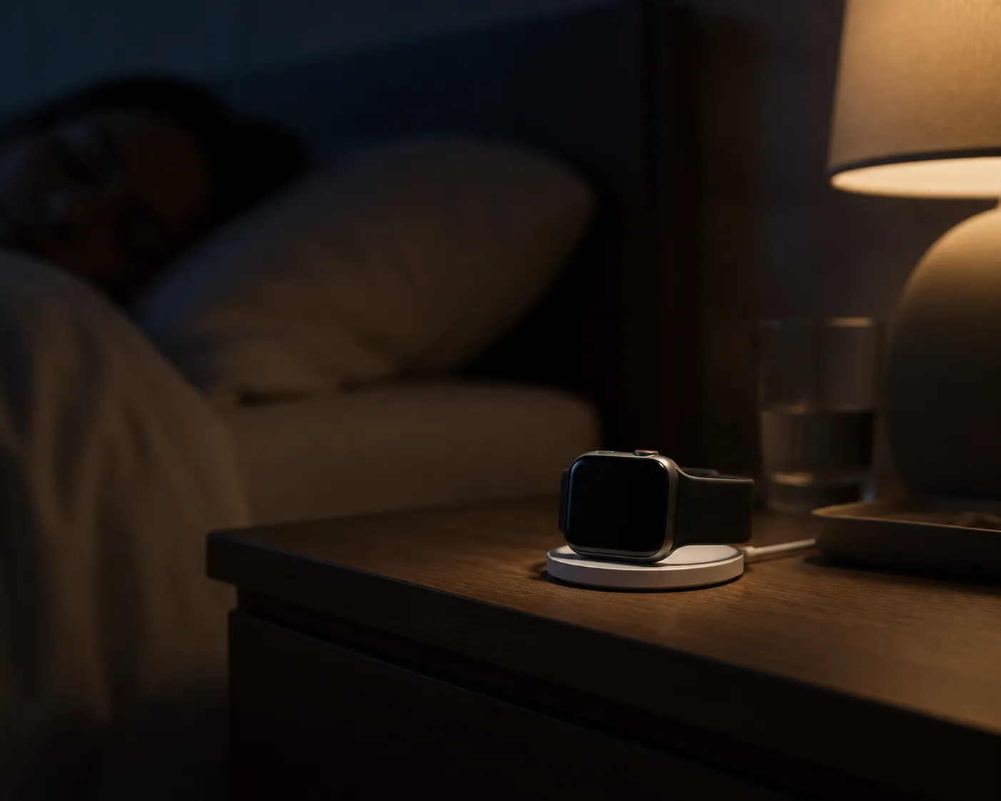Smartwatch charging on a nightstand beside a bed at night