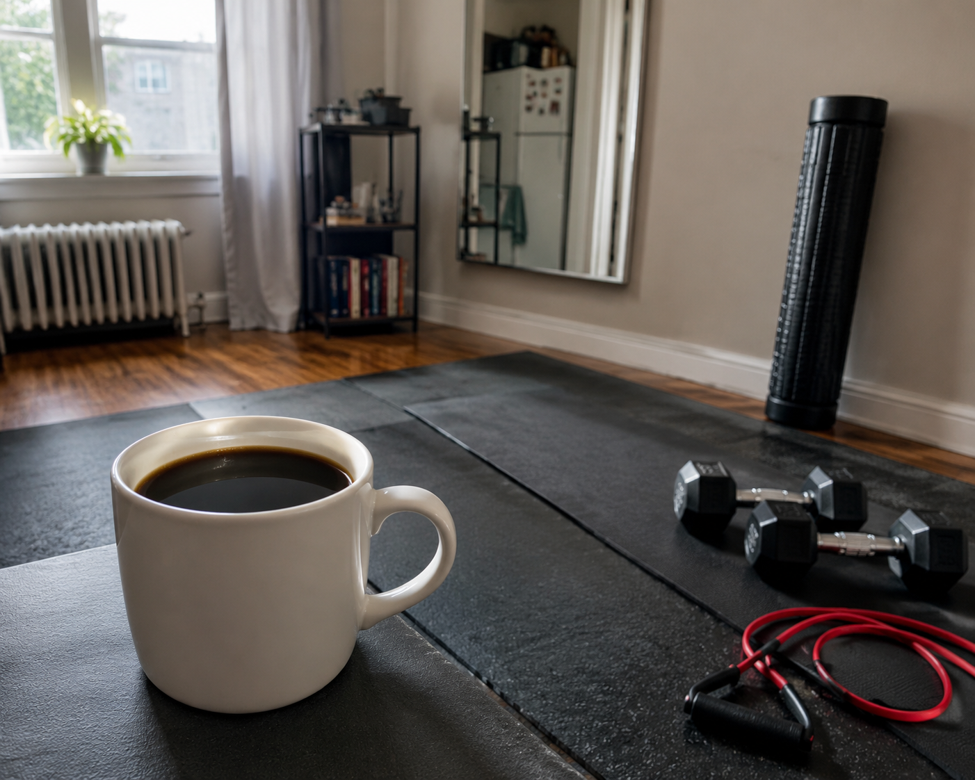 A modest apartment home gym with a coffee mug on an exercise mat near dumbbells and resistance bands