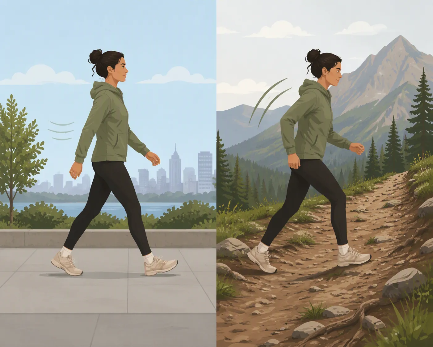 Illustration comparing smooth pavement walking with more effortful uneven trail walking