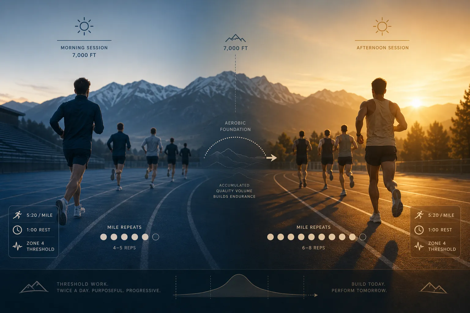 Illustration of double-threshold training at altitude with morning and afternoon mile-repeat sessions near a mountain setting