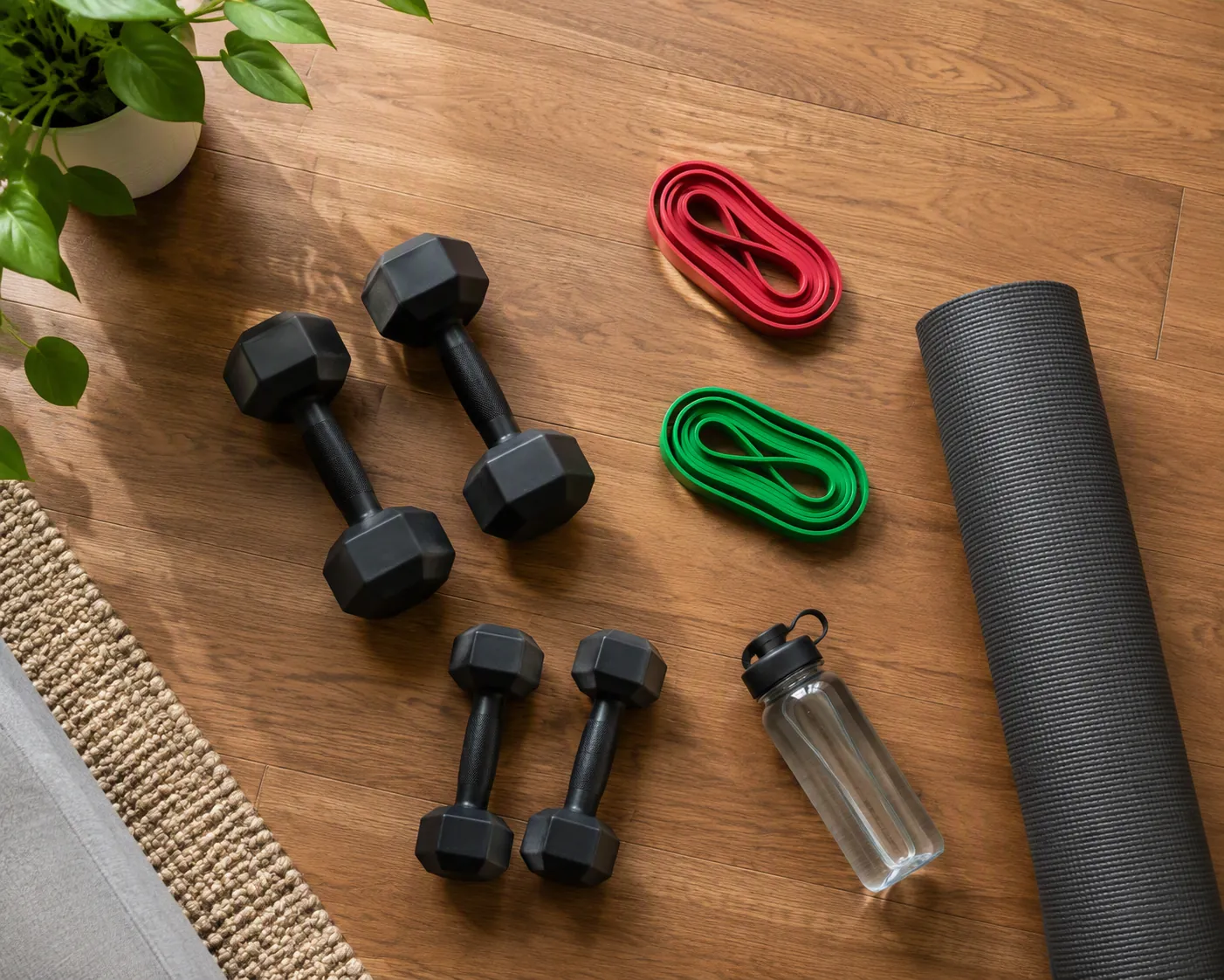 Flat lay of dumbbells, resistance bands, exercise mat, and water bottle on a wooden living-room floor