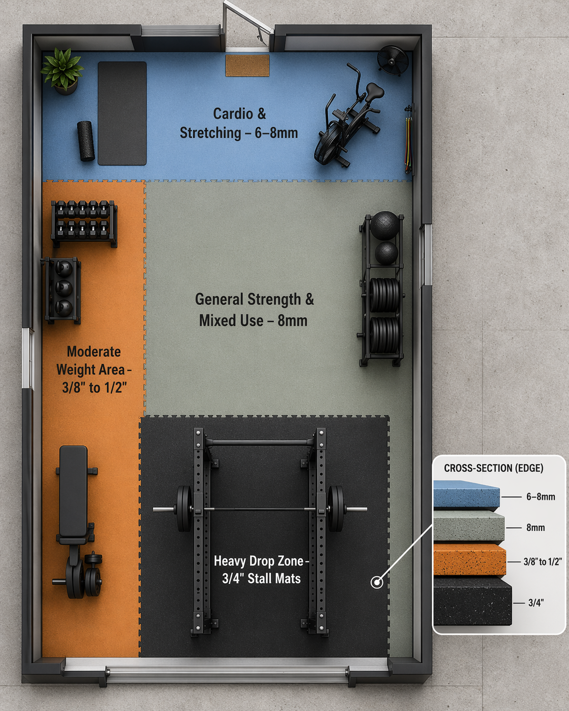 Top-down home gym flooring zone diagram showing cardio, general strength, moderate weight, and heavy drop zones