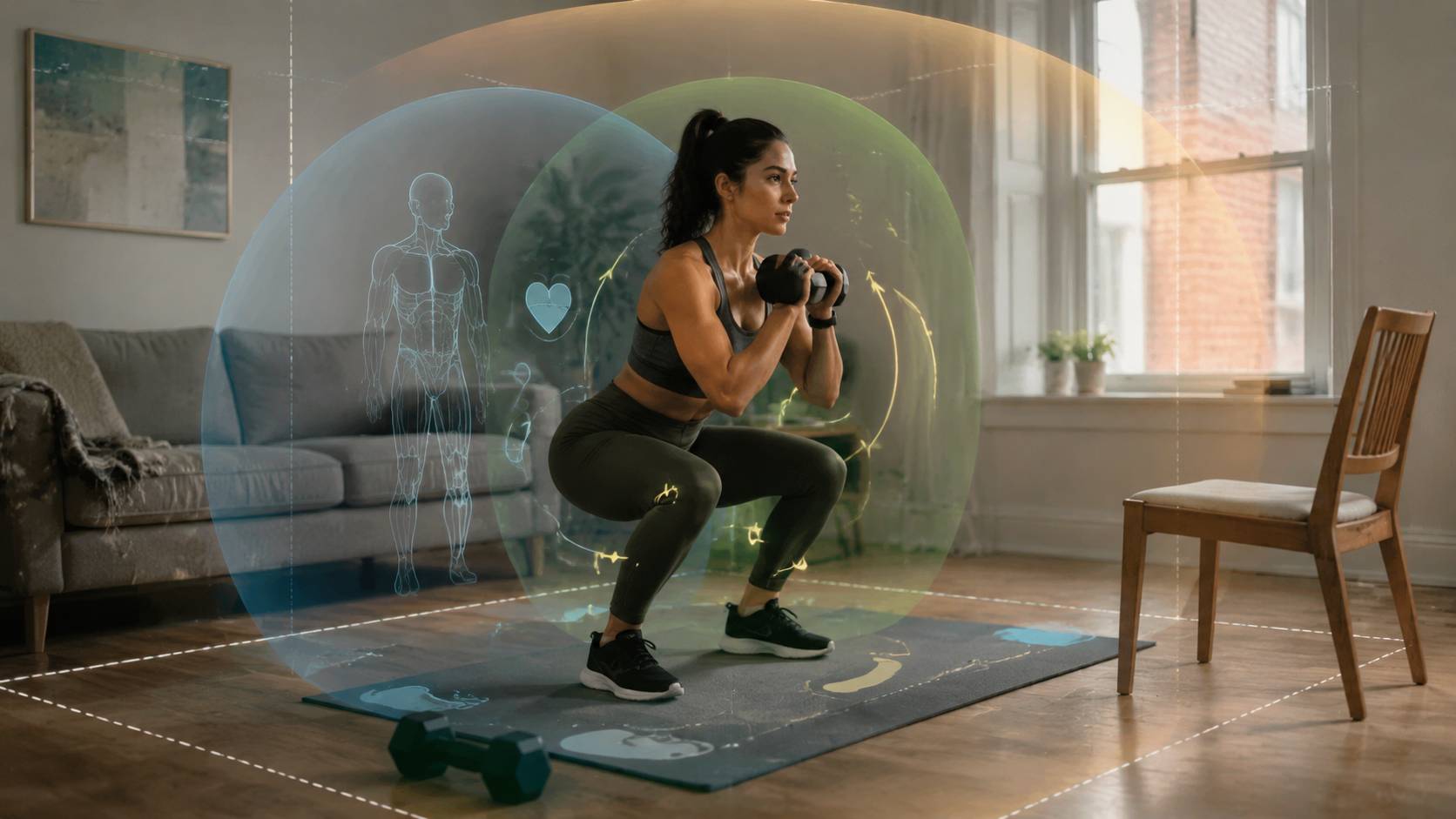 Home exerciser squatting in a living room with visual layers representing individual, task, and environmental constraints