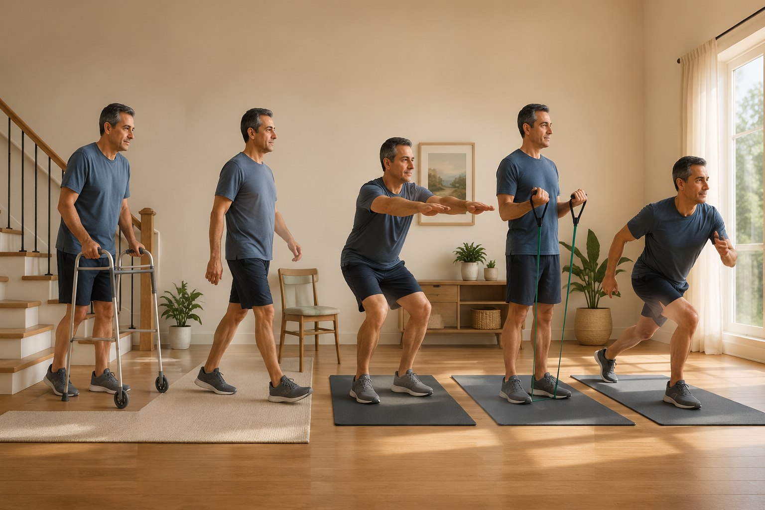 Recovery progression from walker use to home walking, mat work, resistance bands, and athletic stance