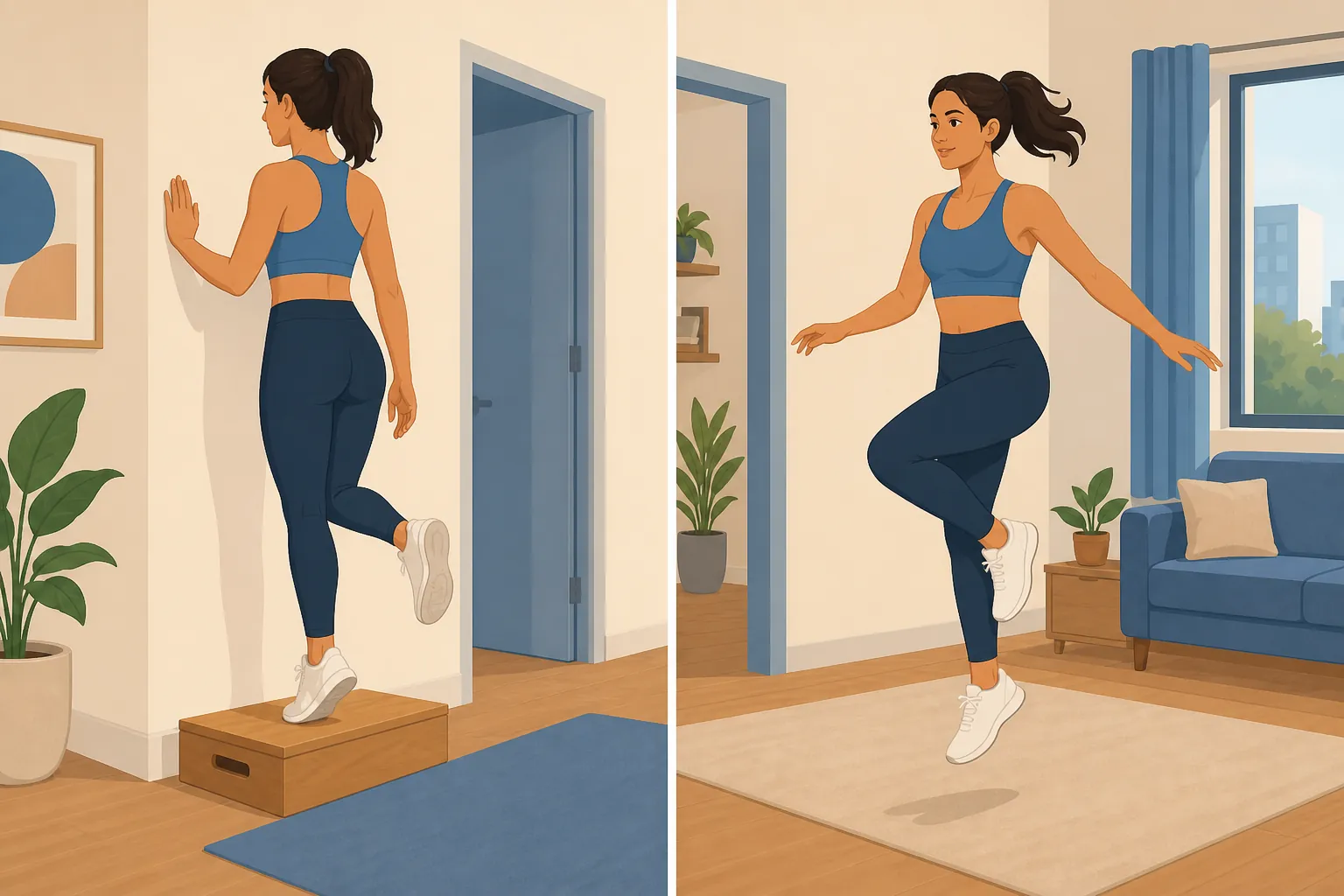Home readiness tests showing a single-leg calf raise and a single-leg hop