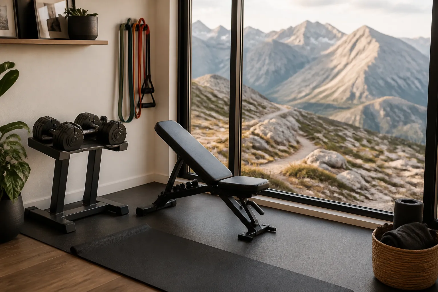 Home gym corner with adjustable dumbbells, bench, resistance bands, and mountain trail view