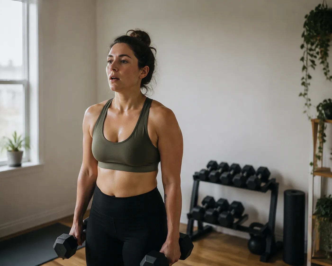A woman pauses mid-dumbbell set in a small home gym, visibly winded with dumbbells lowered at her sides