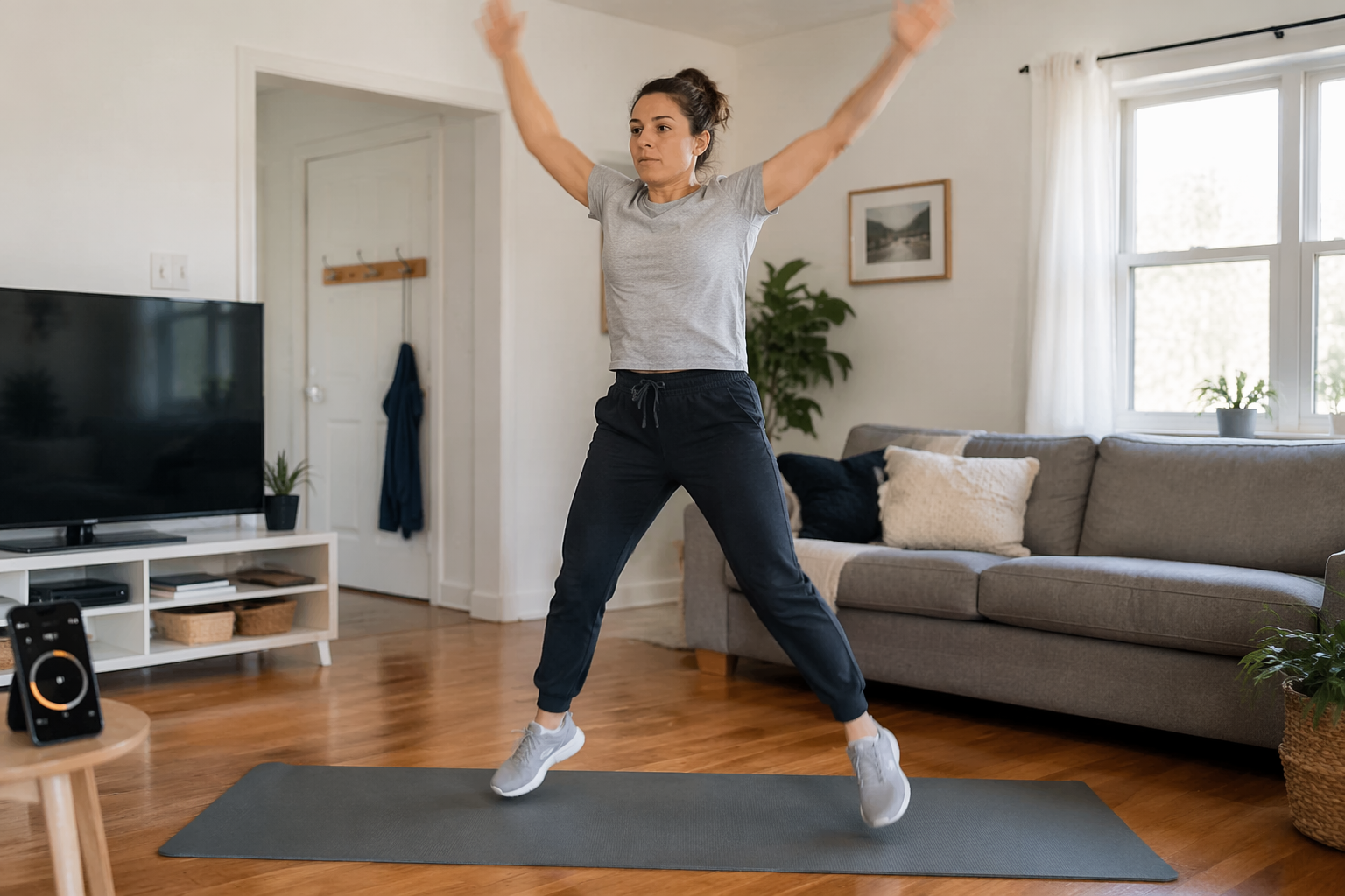 A person in casual home clothing doing a quick energetic jumping movement on a yoga mat in a bright modern living room, with a phone timer nearby suggesting a 5-minute burst.
