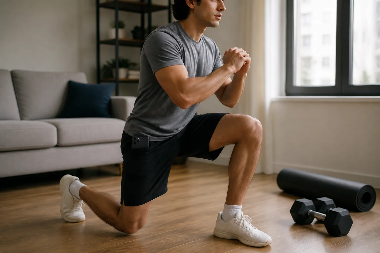 Person lunging in a small apartment with a smartphone tucked into a shorts pocket
