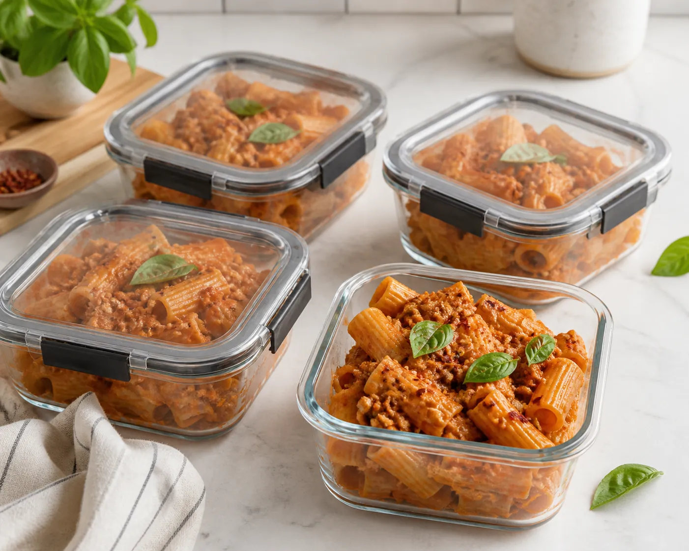 Four glass meal prep containers filled with portioned spicy rigatoni with ground chicken in tomato cream sauce
