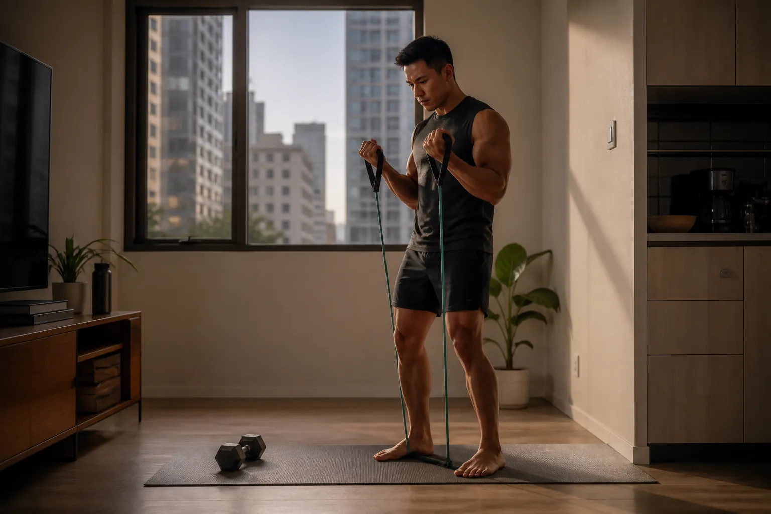 A person training alone with a resistance band in a small apartment living room