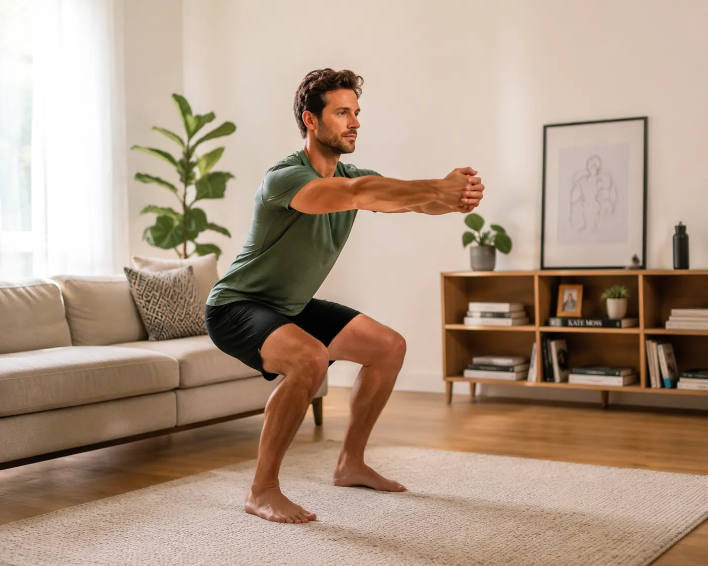 Person performing a controlled bodyweight squat in a bright living room