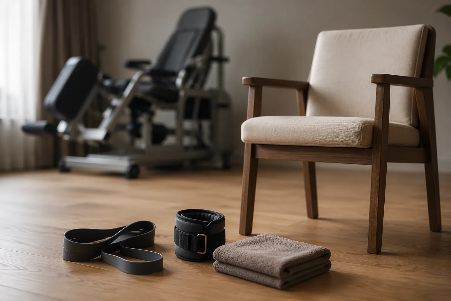 Resistance band, ankle weight, towel, and chair arranged on a wooden floor with a bulky knee rehab machine blurred in the background