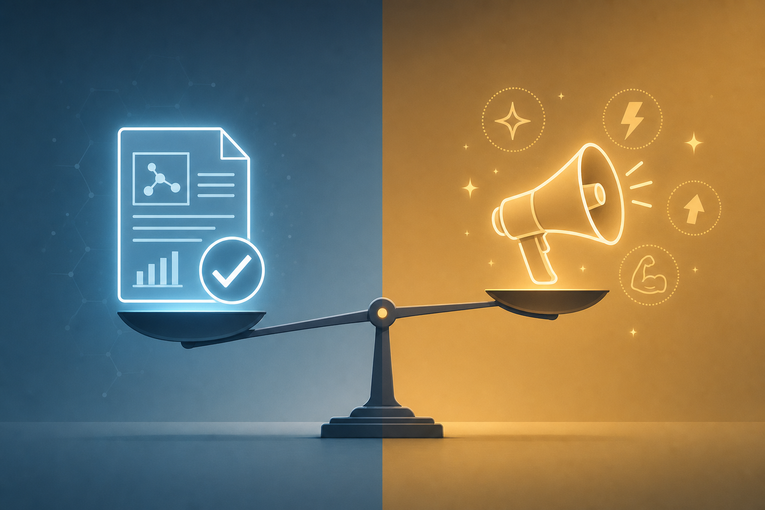 A split editorial illustration showing a glowing research paper icon with a checkmark on the left (science/evidence side) and a megaphone icon with empty sparkle claims on the right (marketing hype side), with a balanced scale between them tipping slightly toward the science side.