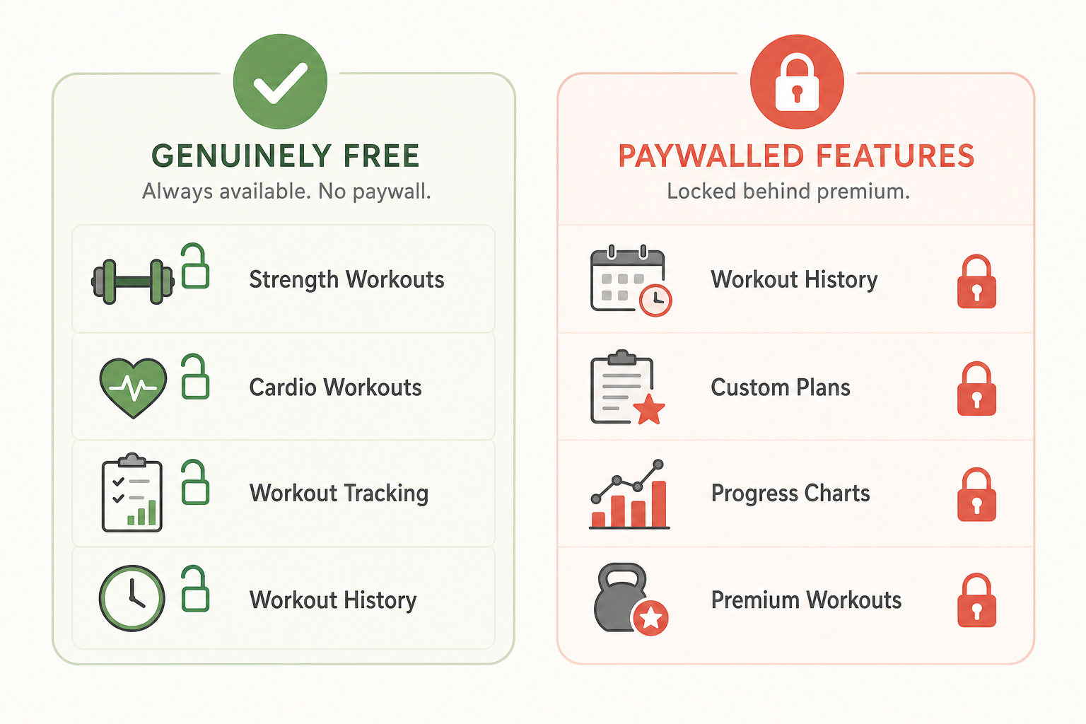 Two-column illustration contrasting genuinely free app features with locked freemium features — free side shows open access to workouts, tracking, and history; freemium side shows locked progress charts, custom plans, and premium workouts.