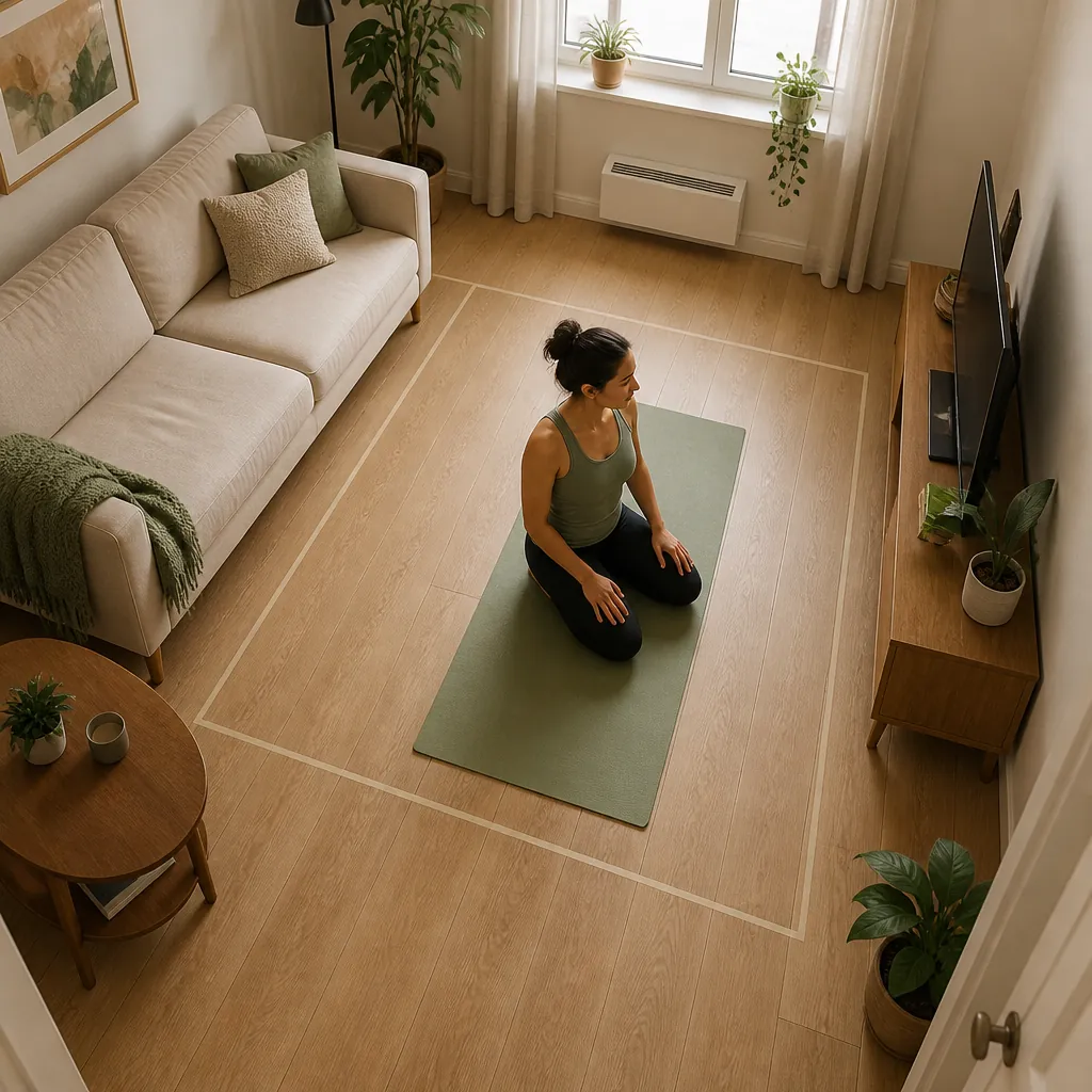 Compact apartment living room with furniture pushed aside to create a small training square