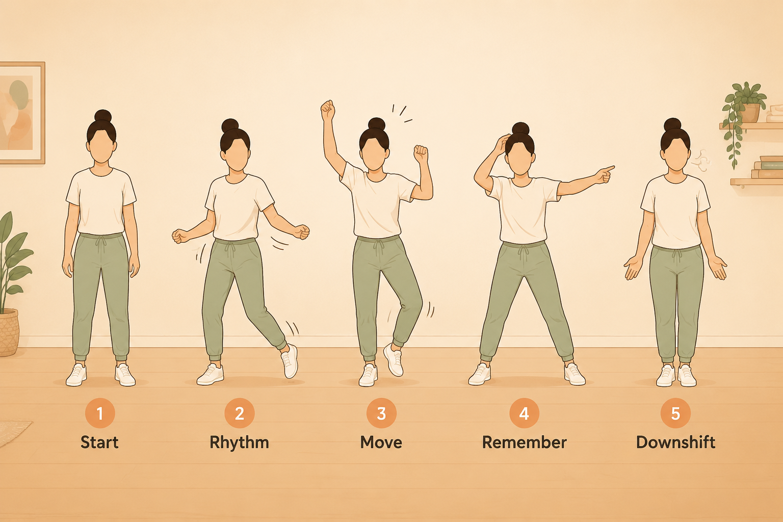 Five simple figures showing the phases of a home dance break routine from start to downshift