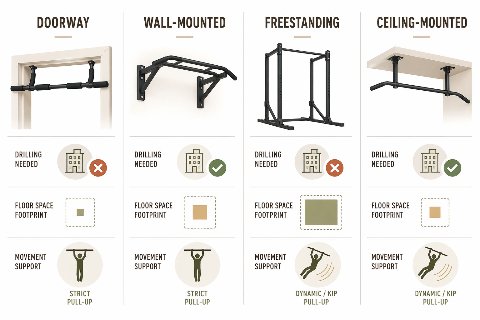Comparison grid of doorway, wall-mounted, freestanding, and ceiling-mounted pull-up bars by drilling, footprint, and movement compatibility