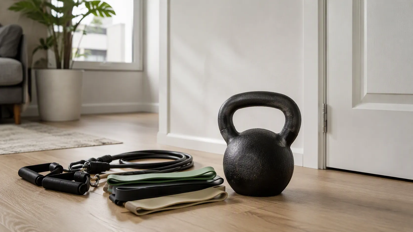 A single kettlebell and resistance bands arranged on a small apartment floor