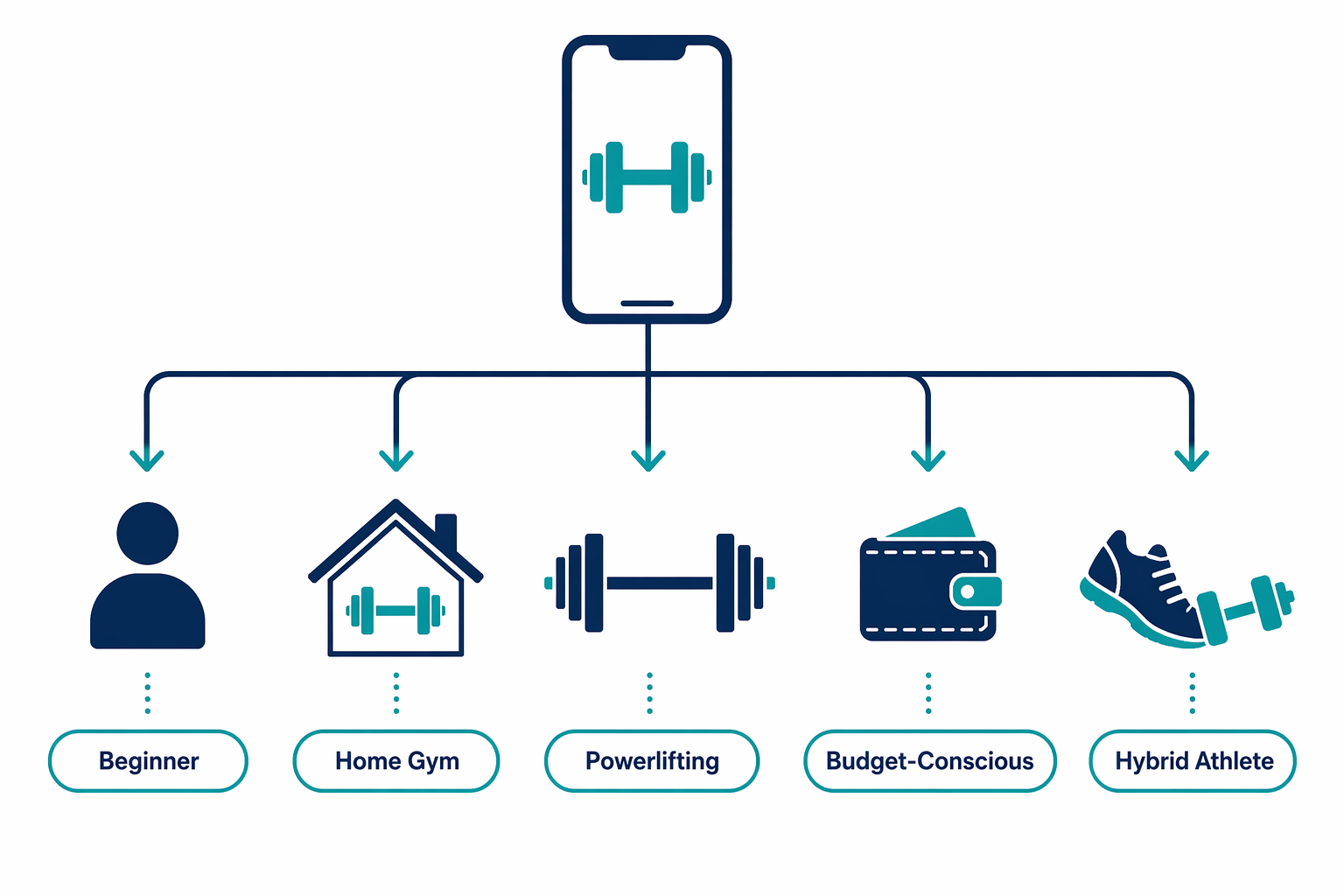 A decision-tree illustration branching into five user types: beginner, home gym, powerlifting, budget-conscious, and hybrid athlete.