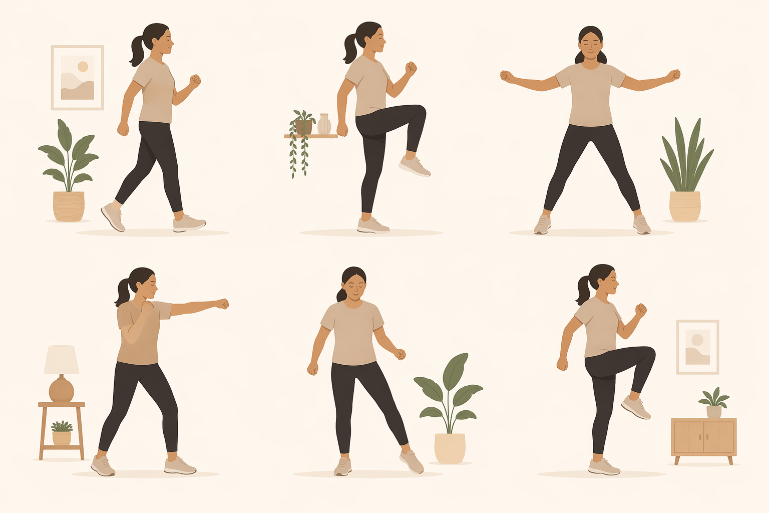 Six relaxed bodyweight Zone 2 cardio exercises shown as minimalist silhouettes