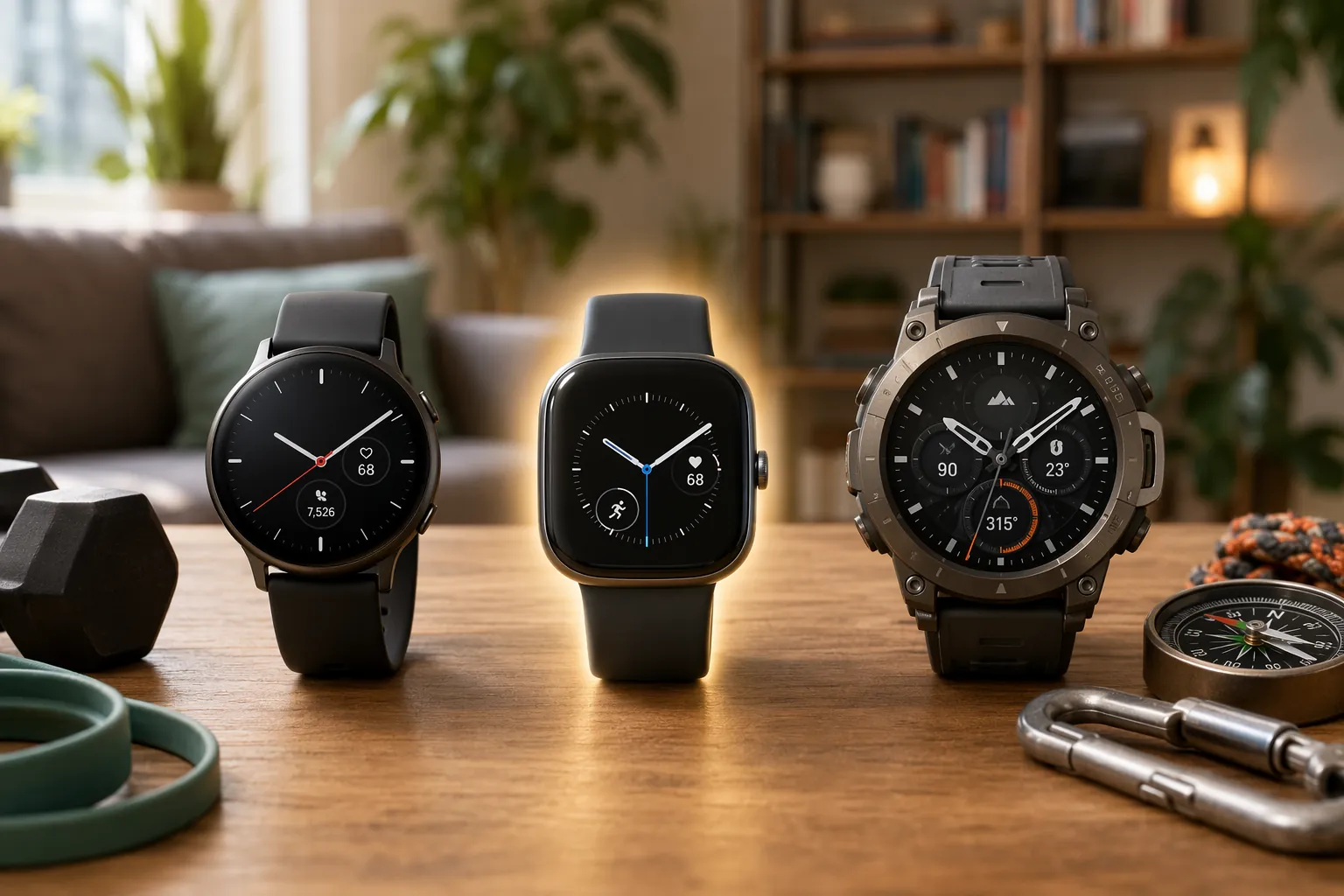 Three smartwatches on a wooden surface with home fitness props and a larger rugged watch beside an outdoor carabiner