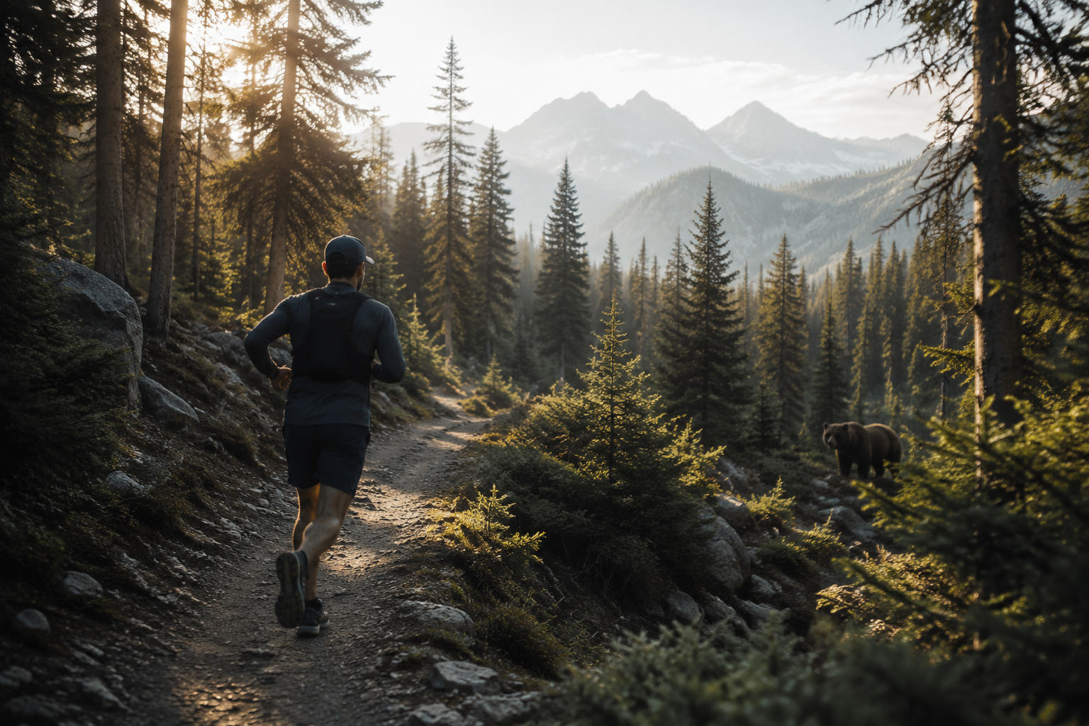 Trail runner moving through a dense pine forest in soft morning light
