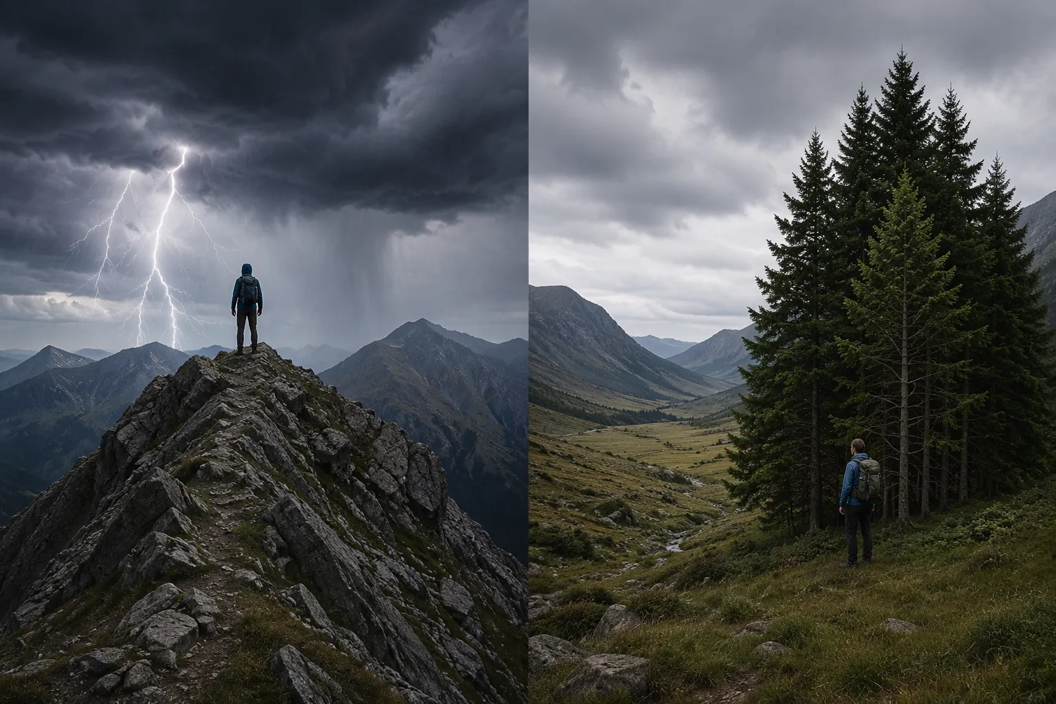 Comparison of a hiker on an exposed ridge and a hiker in a lower valley near small trees