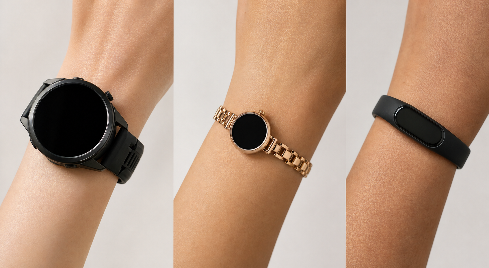 Close-up comparison of three different watch sizes on three different wrist sizes.