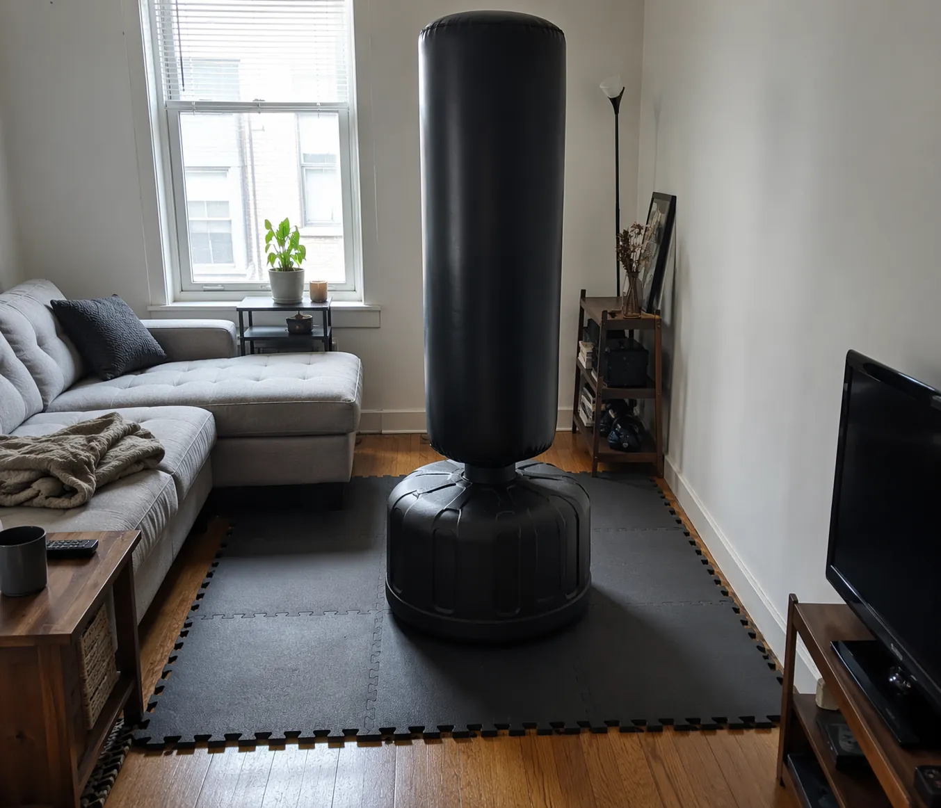 Freestanding boxing bag on puzzle mats in a compact apartment living room