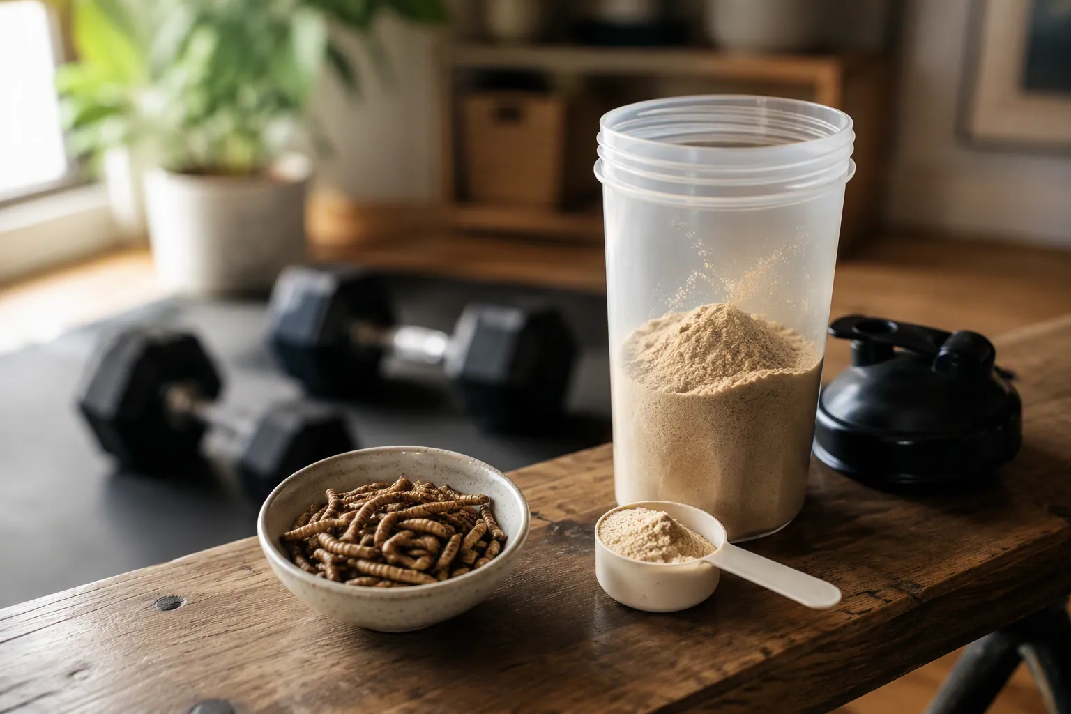 Open protein shaker with tan insect protein powder, dried mealworms, and dumbbells in a home gym setting