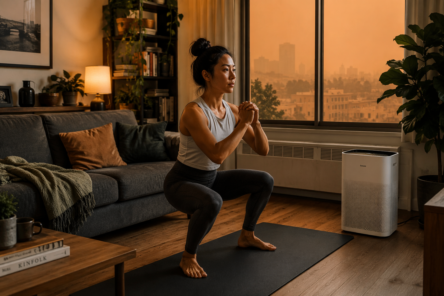 A person does a controlled squat on a yoga mat in a compact apartment with a HEPA purifier nearby and smoky haze outside the sealed window