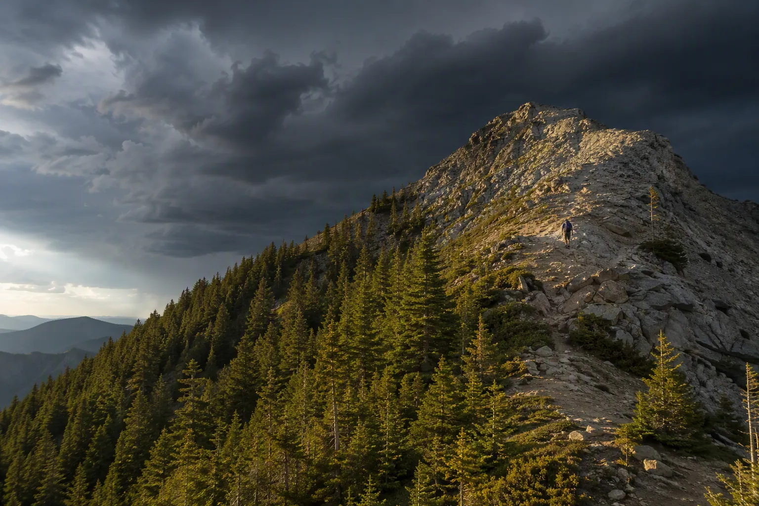 A hiker descends from an exposed rocky summit toward treeline as a thunderstorm builds behind the mountain