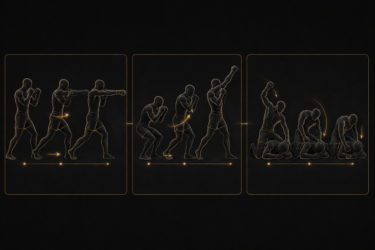 Three minimalist MMA silhouettes showing a stepping straight right, an intercepting uppercut, and a downward ground-strike follow-through