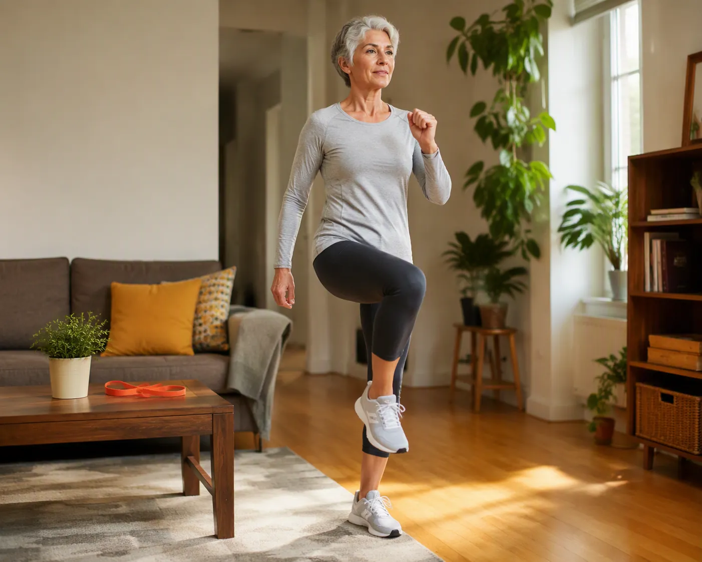 Adult briskly marching in place in a bright living room with a resistance band nearby