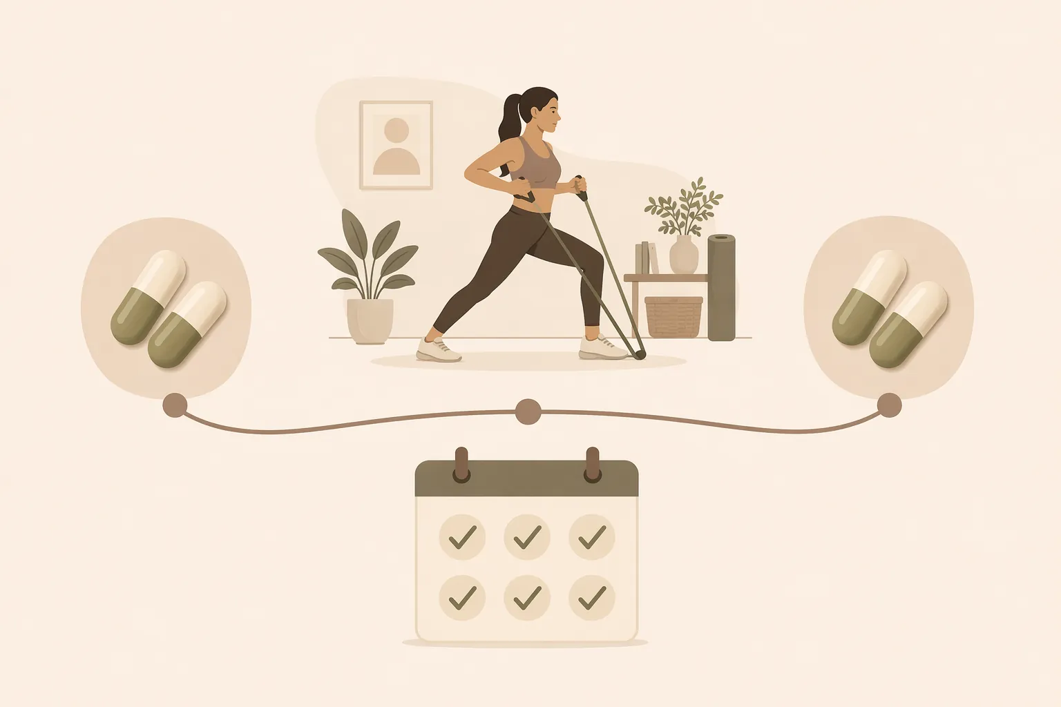 Illustrated timeline showing split alpha-lipoic acid dosing before and after a home workout with six days of consistency