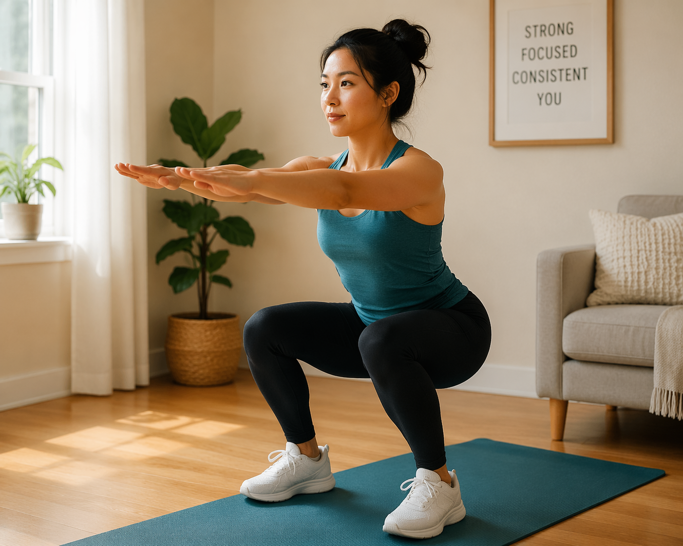 A person in casual athletic wear performs a controlled bodyweight squat on a yoga mat in a bright living room with hardwood floors, natural light from a window, a houseplant nearby, and minimal furniture visible.