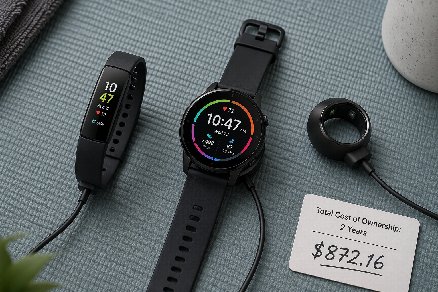 Flat-lay composition of three wearable devices — a wristband tracker, a smartwatch, and a smart ring — each with a charging cable, on a workout mat with a 'Total Cost of Ownership: 2 Years' label card.