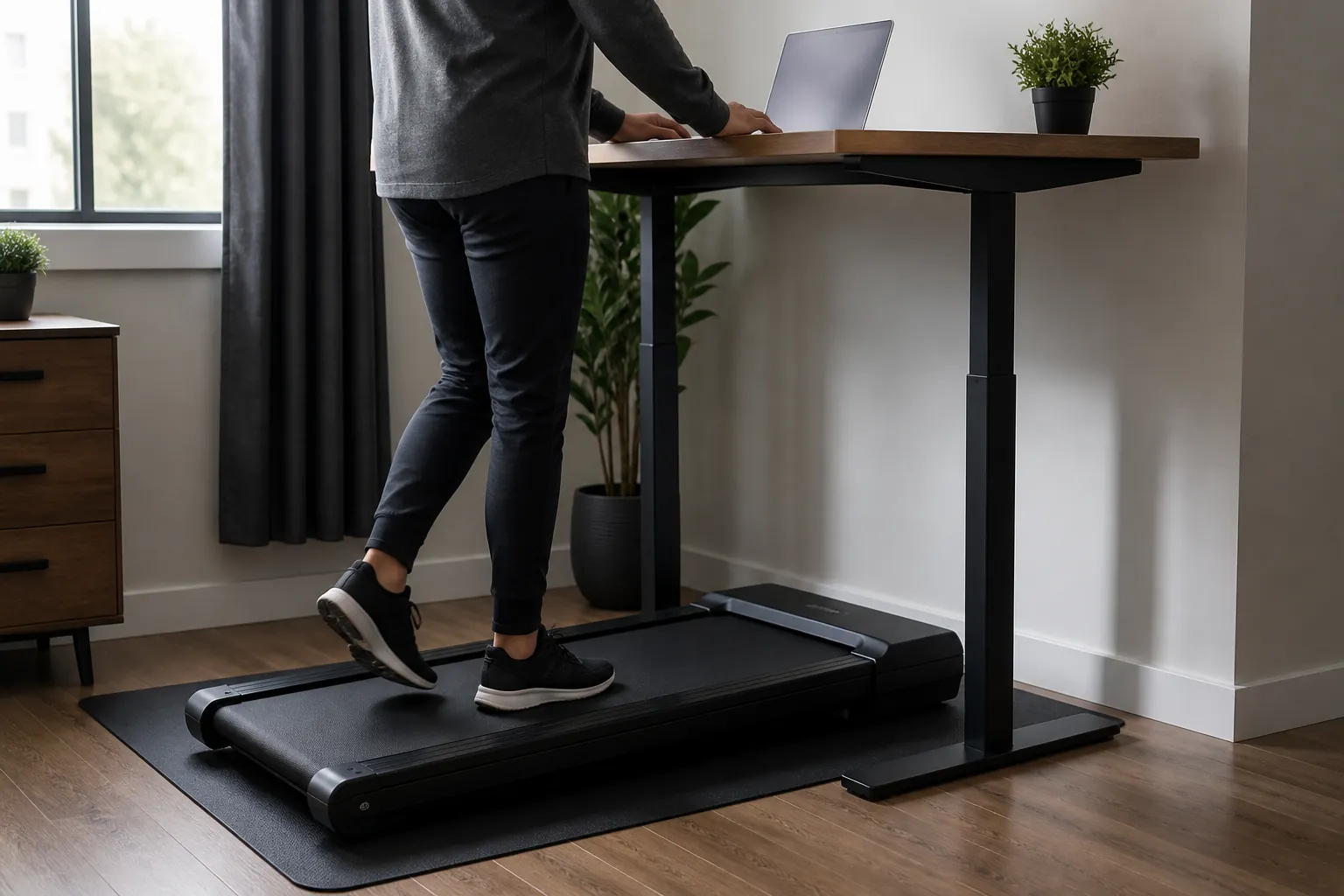 Compact under-desk walking pad on a rubber mat in a small apartment home office
