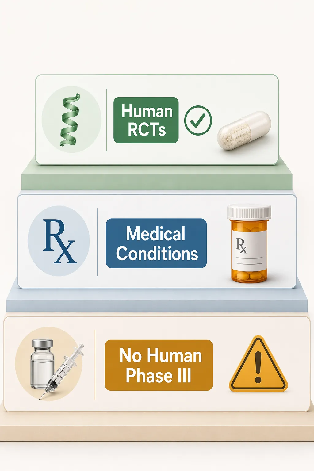 Three-tier infographic comparing collagen peptides with human RCT support, prescription peptide medicines for medical conditions, and research peptide vials without human Phase III evidence