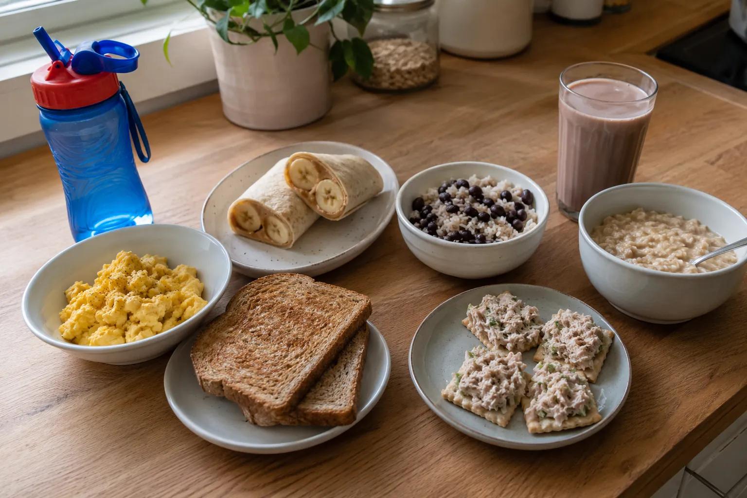 Affordable post-workout lunch foods for kids on a kitchen counter, including eggs, toast, beans, tuna, oatmeal, chocolate milk, fruit, and a water bottle