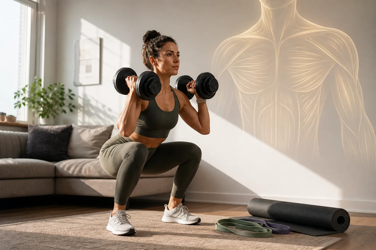 Person doing a dumbbell squat in a small apartment home-workout space