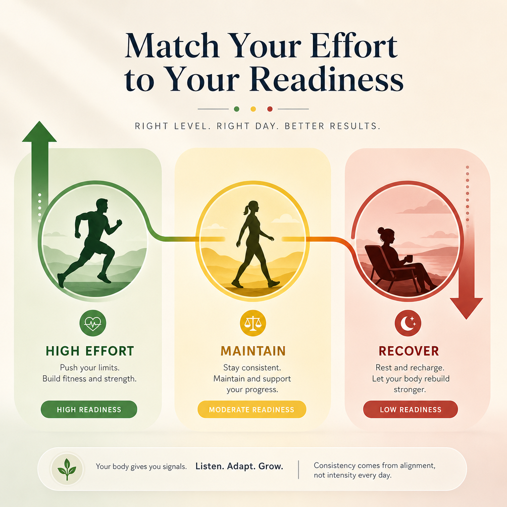 Three color-coded activity zones — green with upward arrow, yellow with walking silhouette, red with resting silhouette — connected by a flowing curved line.
