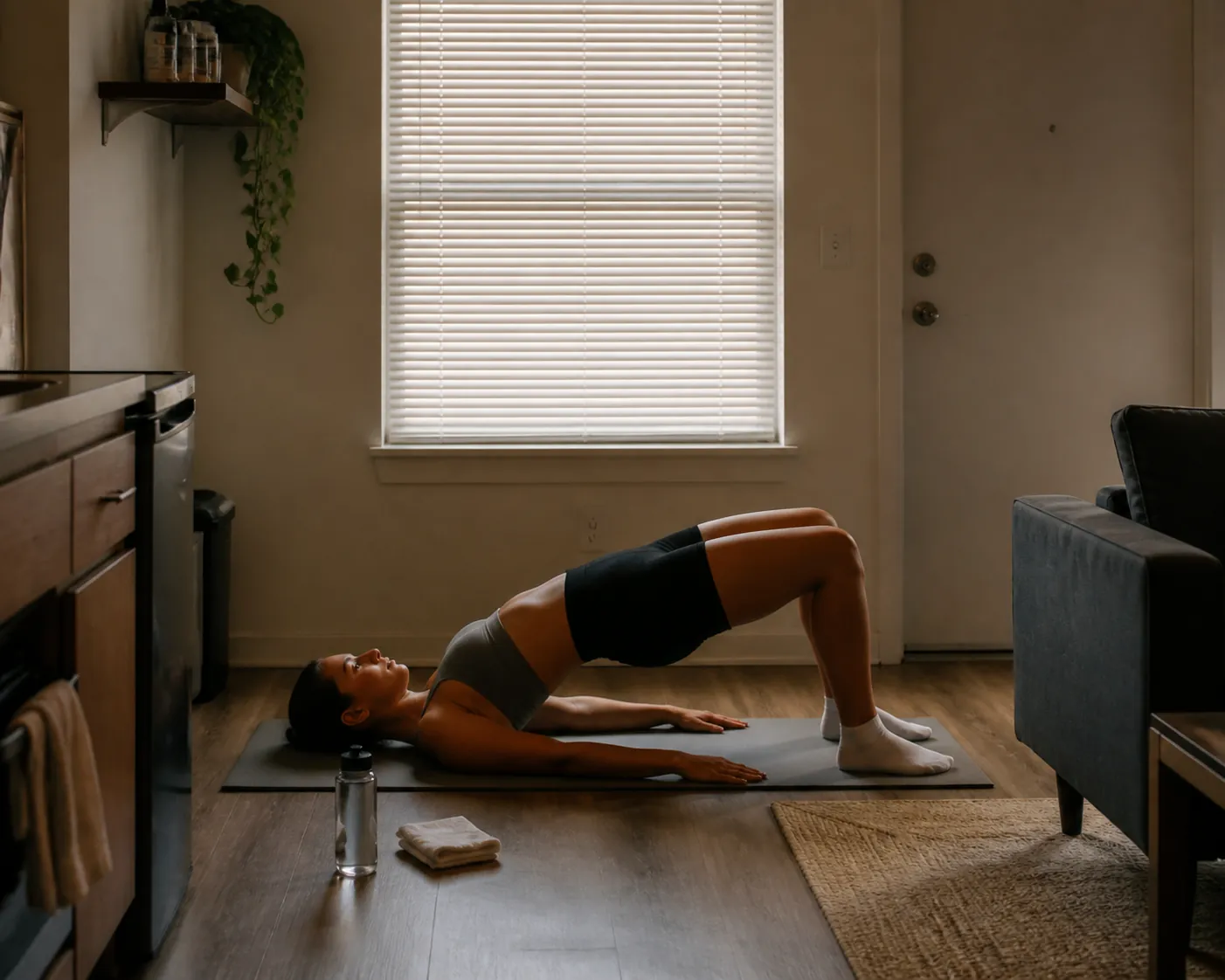 Renter performing a quiet hip bridge on a thin exercise mat in a compact apartment workout area