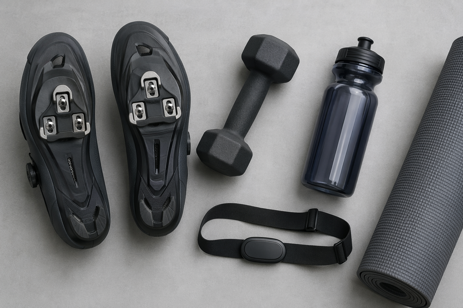 A flat-lay composition on a light gray surface showing cycling shoes with visible cleats, a small dumbbell weight, a heart rate monitor strap, a water bottle, and a rolled fitness mat.