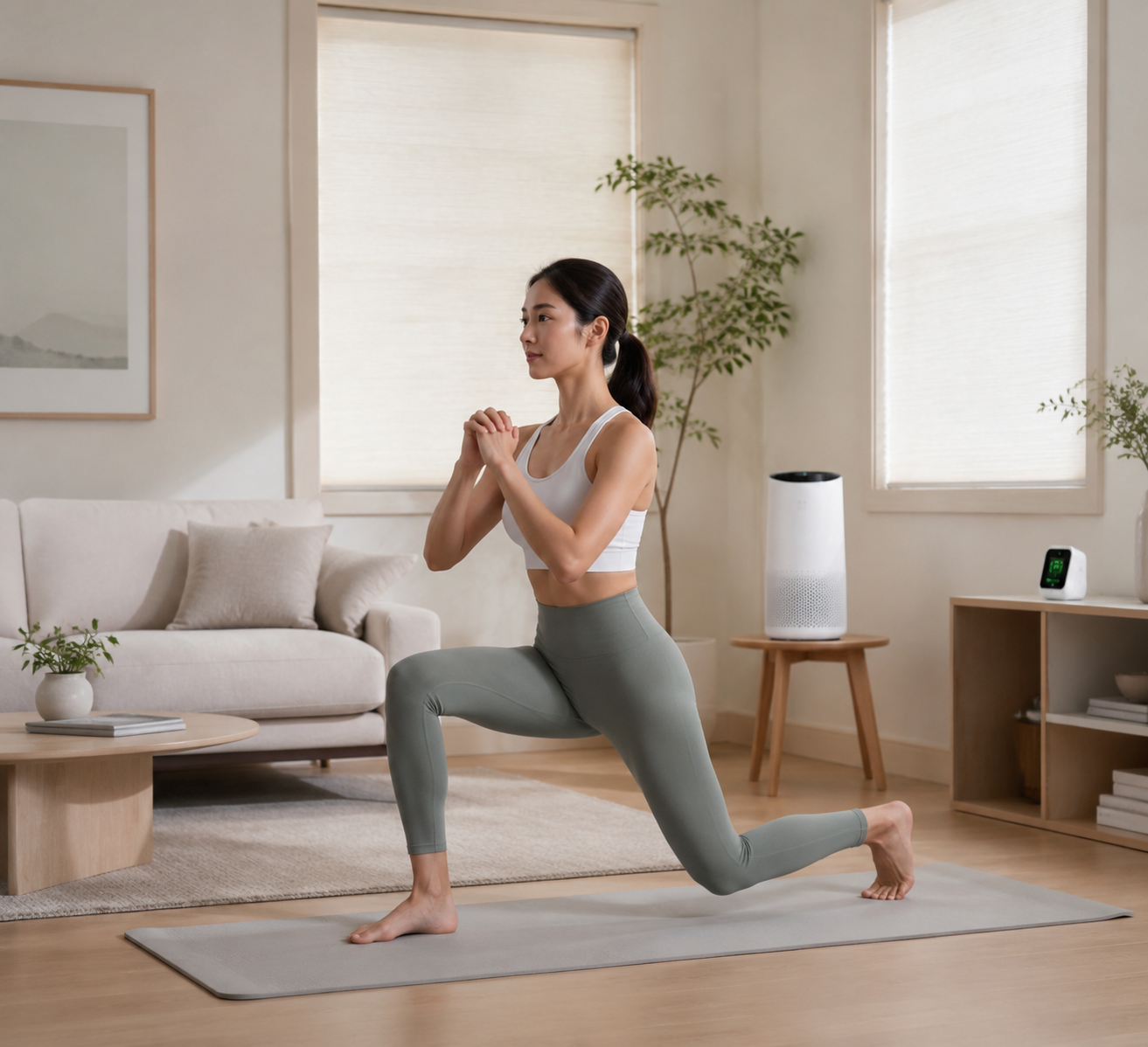 Person doing a bodyweight lunge on a mat in a living room with closed windows, an air purifier, and an air quality monitor