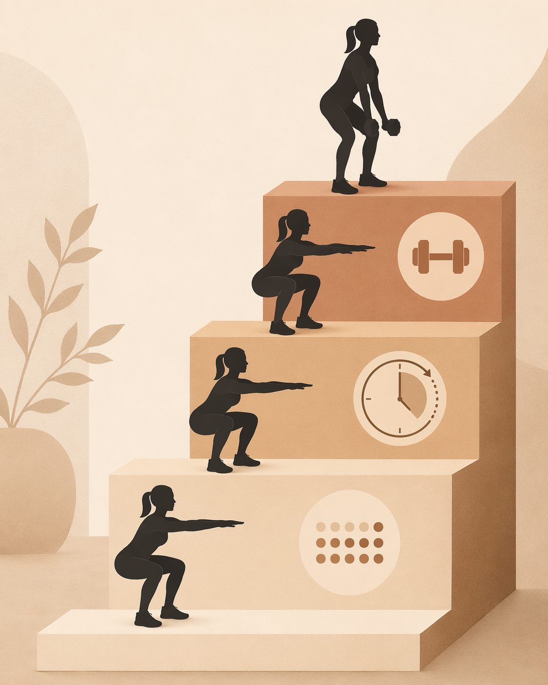 Minimalist four-step progression ladder from bodyweight form to more reps, slower tempo, and added dumbbells