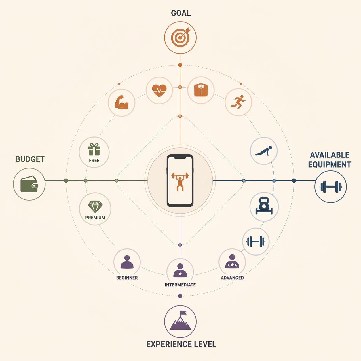 An infographic with four labeled axes radiating from a center smartphone icon: Goal, Budget, Available Equipment, Experience Level. Icons represent strength, cardio, weight loss, general fitness, free/premium, bodyweight-only/home gym/full gym, and beginner/intermediate/advanced.